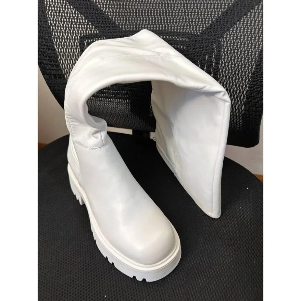🆕Women's White-pu Faux Leather Over The Knee Lug Sole Round Toe Thigh High Boot